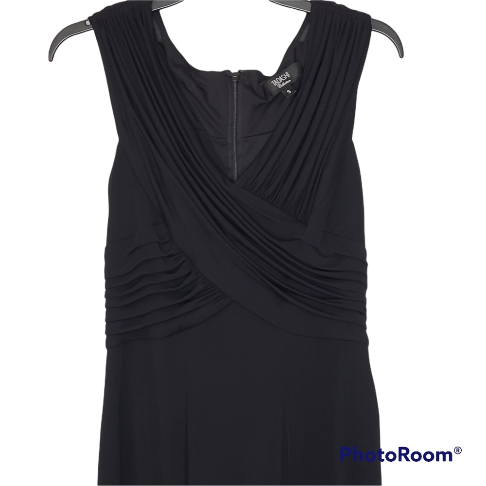 Tadashi Collection evening gown long black Silk Ruching Slit Vneck Small Vintage